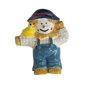 Vintage Happy Scarecrow w/ Bird Fall Autumn Pin Brooch Resin 1 3/4 Inch